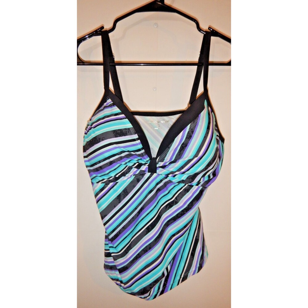 Free Country Blouson Tankini Top Women's XL Striped Teal Purple V-Neck Swim